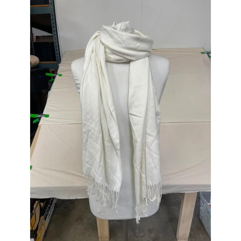Unbranded Cream White Pashmina Style Wrap Scarf with Fringe Trim Solid Neutral